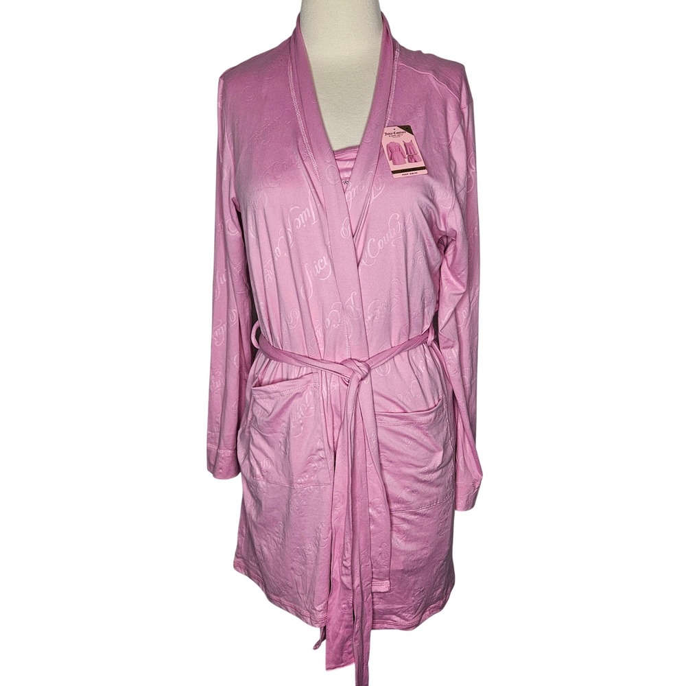 Juicy Couture Womens 3pc Pajama Set Pink Robe Cami Shorts Rhinestone Logo M NEW - Picture 2 of 9